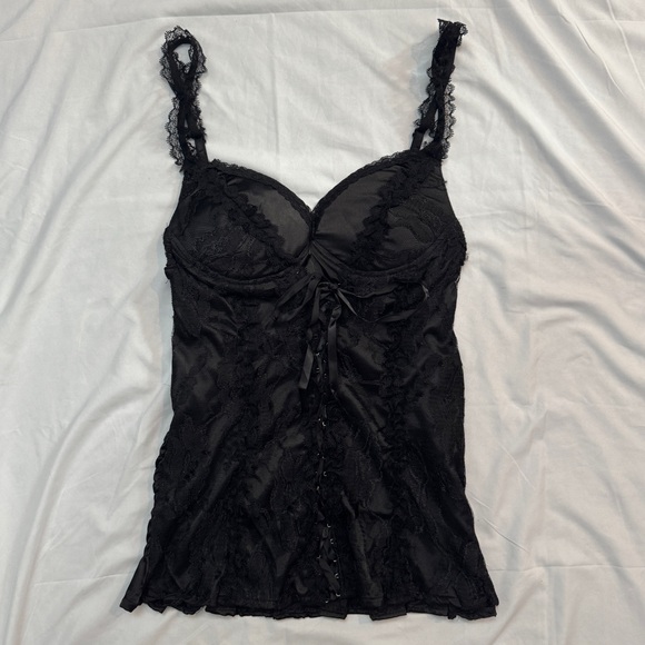 Pretty Angel Y2K Black Silk Lace Camisole Corset Top - Picture 1 of 7
